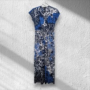 Soma Intimates Blue Floral Maxi Dress V-Neck Short Cap Sleeve Stretchy Flowy S